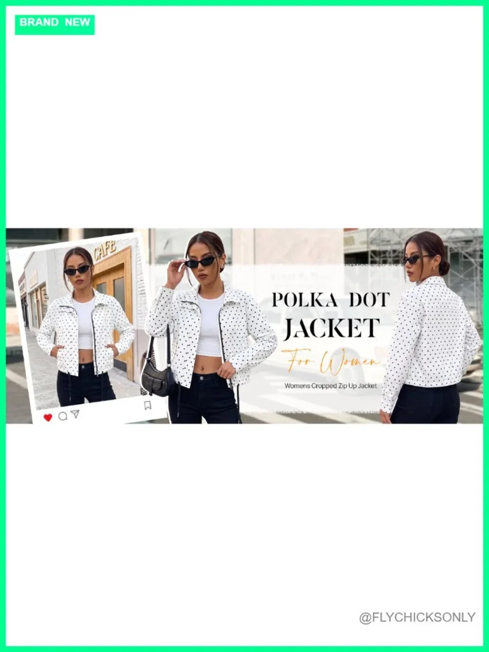 Women's Polka Dot Cropped Jacket Full Zip Funnel Neck Pockets